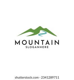 Diseño del logo de Mountain Hill con el río, diseño del logo de la montaña