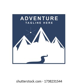 Mountain hill logo design template wit sun and river water shape illustration emblem. Symbol of view landscape nature. Vector graphic for element label expedition, extreme sport, adventure camp