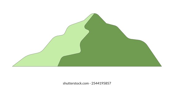 Objeto de dibujos animados 2D Mountain hill peak. Cumbre verde montañosa en la cima de la montaña. Ambiente sereno. Clipart de Vector plano de elemento aislado verde de ladera sobre fondo blanco. Ilustración de punto