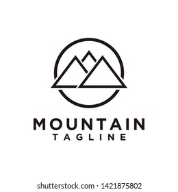 Mountain or hill or Peak logo design vector. Camp or adventure icon, Landscape symbol and can be used for travel and tourist brands. Line style with circle. EPS 10.