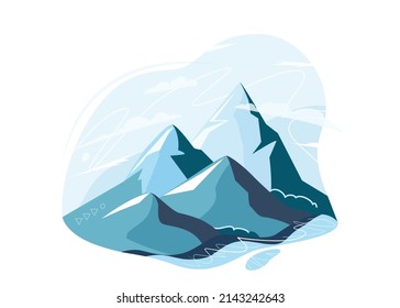 Berg-, Hügel- und SpitzenVektorgrafik einzeln auf weißem Hintergrund. Naturlandschaft mit Himmel, See, Berge. Wandern, Kletterdesign.