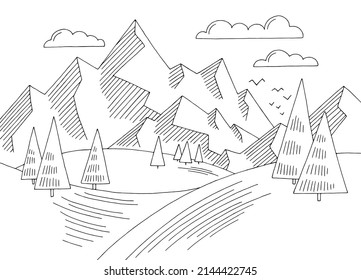 Mountain Hill Simple Graphic Black White Landscape Sketch Illustration Vector