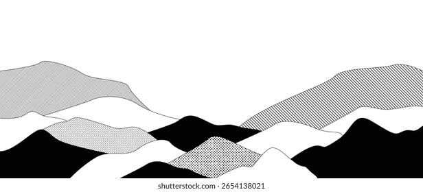 Mountain hill and texture background vector. Abstract Mountain landscape with line art, pencil line, grunge, dot halftone pattern. Wallpaper design for print, wall art, cover and interior.