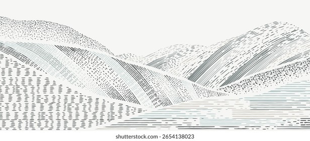 Mountain hill and texture background vector. Abstract Mountain landscape with line art, pencil line, grunge, dot halftone pattern. Wallpaper design for print, wall art, cover and interior.
