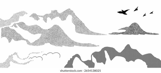 Mountain hill and texture background vector. Abstract Mountain landscape with line art, pencil line, grunge, dot halftone pattern, bird. Wallpaper design for print, wall art, cover and interior.
