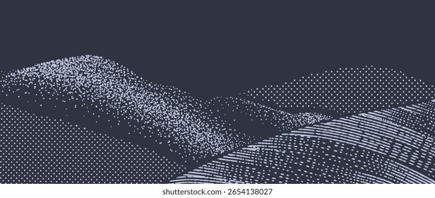 Mountain hill and texture background vector. Abstract Mountain landscape with line art, pencil line, grunge, dot halftone pattern. Wallpaper design for print, wall art, cover and interior.
