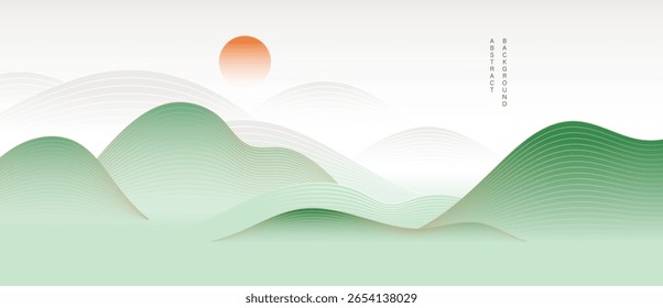 Mountain hill and texture background vector. Abstract Mountain landscape with line art, wavy, curve, sun. Wallpaper design for print, wall art, cover and interior.
