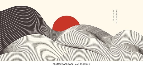 Mountain hill and texture background vector. Abstract Mountain landscape with line art, wavy, curve, sun. Wallpaper design for print, wall art, cover and interior.