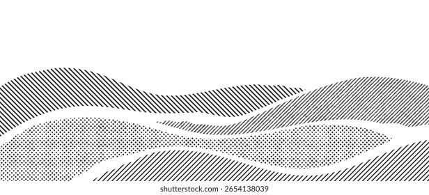 Mountain hill and texture background vector. Abstract Mountain landscape with line art, pencil line, grunge, dot halftone pattern. Wallpaper design for print, wall art, cover and interior.
