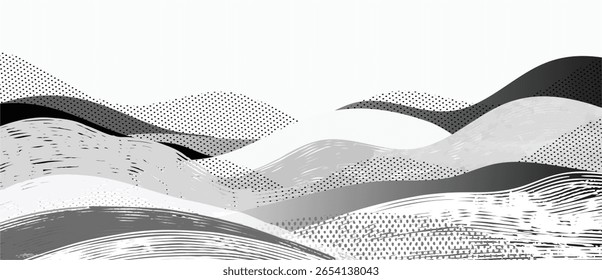 Mountain hill and texture background vector. Abstract Mountain landscape with line art, pencil line, grunge, dot halftone pattern. Wallpaper design for print, wall art, cover and interior.