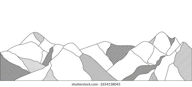 Mountain hill and texture background vector. Abstract Mountain landscape with line art, pencil line, grunge, dot halftone pattern. Wallpaper design for print, wall art, cover and interior.