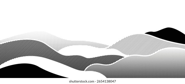 Mountain hill and texture background vector. Abstract Mountain landscape with line art, pencil line, grunge, dot halftone pattern. Wallpaper design for print, wall art, cover and interior.
