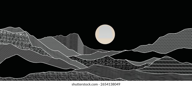 Mountain hill and texture background vector. Abstract Mountain landscape with line art, pencil line, grunge, dot halftone pattern, sun, moon. Wallpaper design for print, wall art, cover and interior.