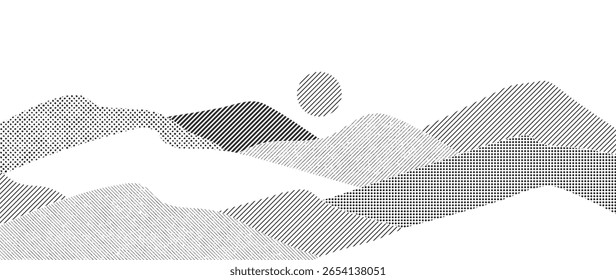 Mountain hill and texture background vector. Abstract Mountain landscape with line art, grunge, dot halftone pattern, moon, sun. Wallpaper design for print, wall art, cover and interior.