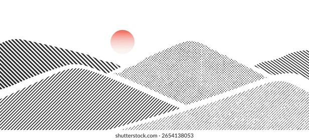 Mountain hill and texture background vector. Abstract Mountain landscape with line art, grunge, dot halftone pattern, moon, sun. Wallpaper design for print, wall art, cover and interior.