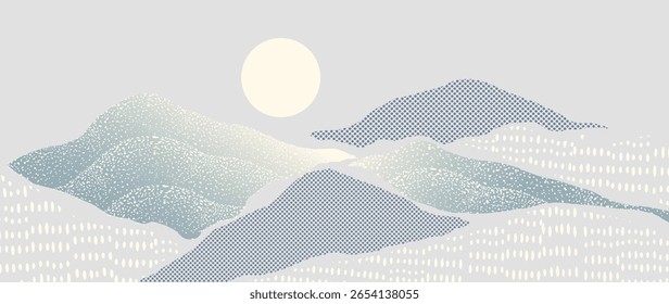 Mountain hill and texture background vector. Abstract Mountain landscape with grunge, dot halftone pattern, moon, sun. Wallpaper design for print, wall art, cover and interior.