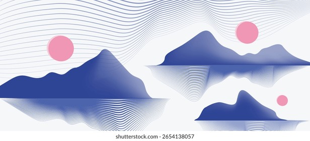 Mountain hill and texture background vector. Abstract Mountain landscape with dot line art, wavy, curve, sun. Wallpaper design for print, wall art, cover and interior.