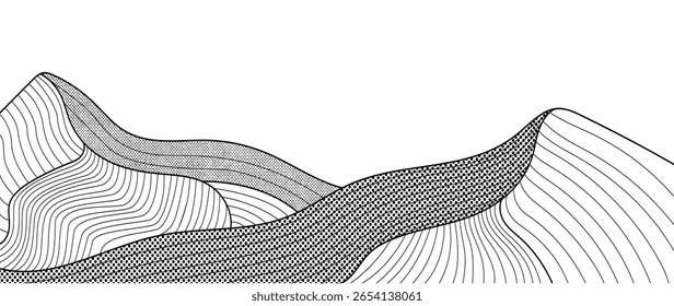 Mountain hill and texture background vector. Abstract Mountain landscape with line art, pencil line, grunge, dot halftone pattern. Wallpaper design for print, wall art, cover and interior.