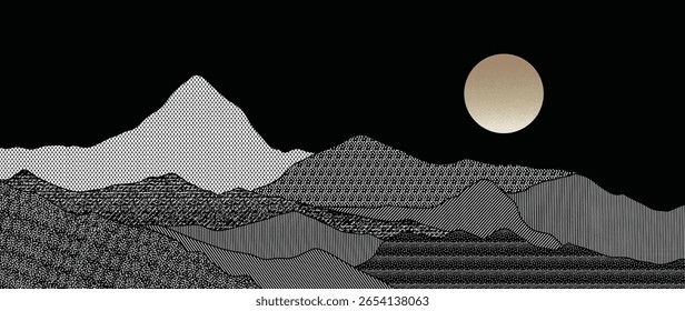 Mountain hill and texture background vector. Abstract Mountain landscape with line art, pencil line, grunge, dot halftone pattern, sun, moon. Wallpaper design for print, wall art, cover and interior.