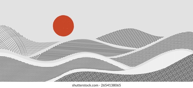 Mountain hill and texture background vector. Abstract Mountain landscape with line art, pencil line, grunge, dot halftone pattern, sun, moon. Wallpaper design for print, wall art, cover and interior.