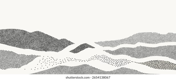 Mountain hill and texture background vector. Abstract Mountain landscape with line art, pencil line, grunge, dot halftone pattern. Wallpaper design for print, wall art, cover and interior.
