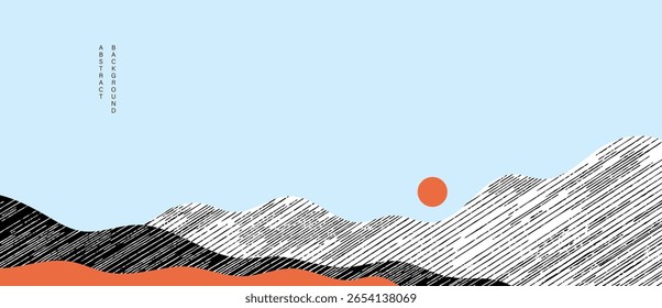 Mountain hill and texture background vector. Abstract Mountain landscape with line art, wavy, curve, sun. Wallpaper design for print, wall art, cover and interior.