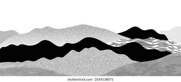 Mountain hill and texture background vector. Abstract Mountain landscape with line art, pencil line, grunge, dot halftone pattern, spot. Wallpaper design for print, wall art, cover and interior.