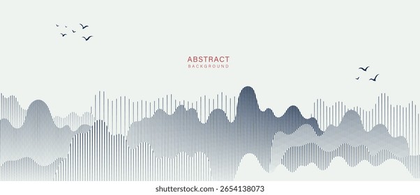 Mountain hill and texture background vector. Abstract Mountain landscape with line art, wavy, curve, bird. Wallpaper design for print, wall art, cover and interior.