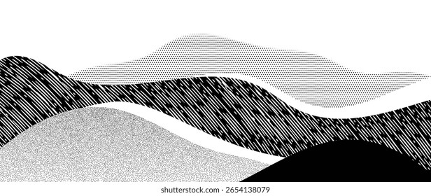 Mountain hill and texture background vector. Abstract Mountain landscape with line art, pencil line, grunge, dot halftone pattern, spot. Wallpaper design for print, wall art, cover and interior.
