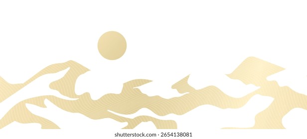 Mountain hill and texture background vector. Abstract Mountain landscape with dot line art, wavy, curve, sun. Wallpaper design for print, wall art, cover and interior.