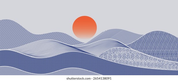 Mountain hill and texture background vector. Abstract Mountain landscape with line art, pencil line, grunge, dot halftone pattern, sun, moon. Wallpaper design for print, wall art, cover and interior.