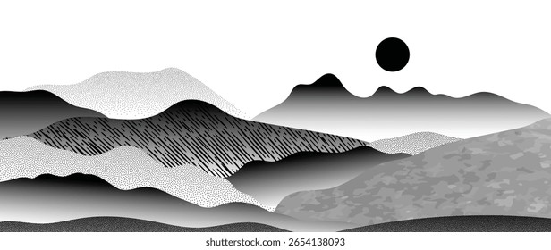 Mountain hill and texture background vector. Abstract Mountain landscape with line art, pencil line, grunge, dot halftone pattern, spot. Wallpaper design for print, wall art, cover and interior.
