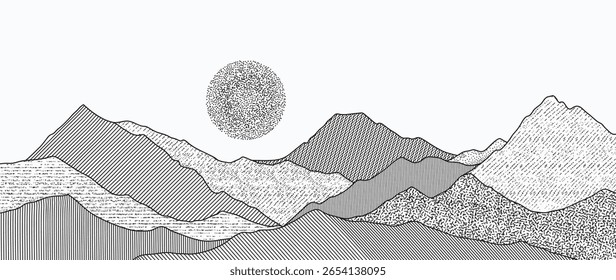 Mountain hill and texture background vector. Abstract Mountain landscape with line art, pencil line, grunge, dot halftone pattern, sun, moon. Wallpaper design for print, wall art, cover and interior.