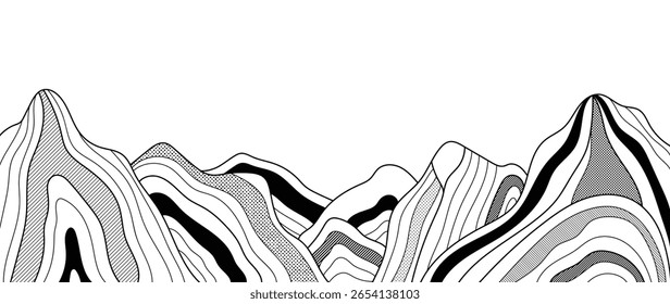 Mountain hill and texture background vector. Abstract Mountain landscape with line art, pencil line, grunge, dot halftone pattern. Wallpaper design for print, wall art, cover and interior.