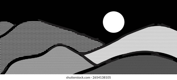 Mountain hill and texture background vector. Abstract Mountain landscape with grunge, dot halftone pattern, moon, sun. Wallpaper design for print, wall art, cover and interior.