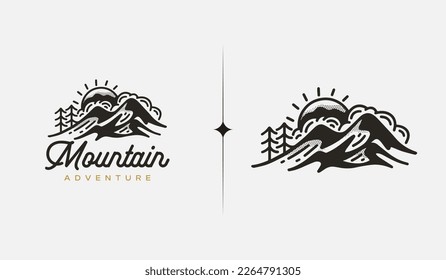 Mountain Hill Top Sun Rays Monoline. Universal Creative Premium Symbol. Symbol für Vektorzeichen-Symbol-Logo-Vorlage. Vektorgrafik