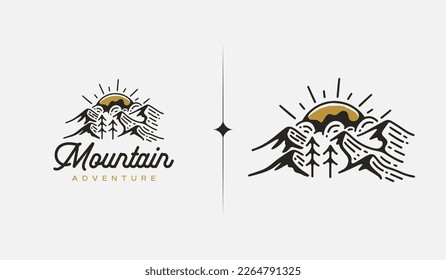 Mountain Hill Top Sun Rays monoline. Universal creative premium symbol. Vector sign icon logo template. Vector illustration