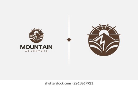 Mountain Hill Top Sun Rays monoline. Universal creative premium symbol. Vector sign icon logo template. Vector illustration