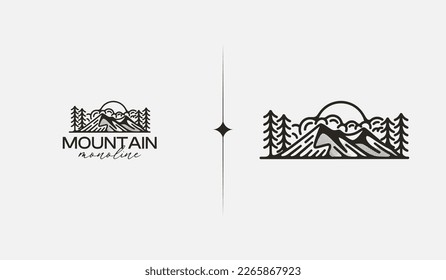 Mountain Hill Top Sun Rays monoline. Universal creative premium symbol. Vector sign icon logo template. Vector illustration