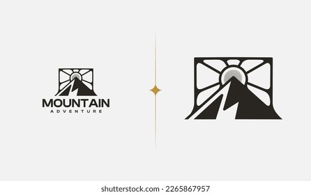Mountain Hill Top Sun Rays monoline. Universal creative premium symbol. Vector sign icon logo template. Vector illustration