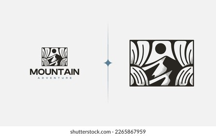 Mountain Hill Top Sun Rays monoline. Universal creative premium symbol. Vector sign icon logo template. Vector illustration