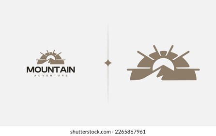 Mountain Hill Top Sun Rays monoline. Universal creative premium symbol. Vector sign icon logo template. Vector illustration