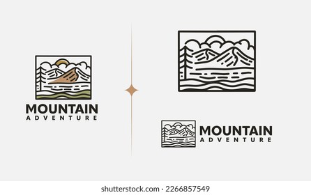 Mountain Hill Top Sun Rays monoline. Universal creative premium symbol. Vector sign icon logo template. Vector illustration