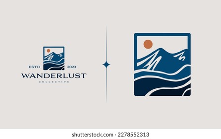 Mountain Hill Top Sun Rays monoline. Universal creative premium symbol. Vector sign icon logo template. Vector illustration