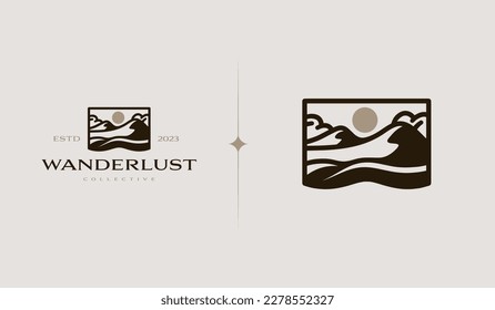 Mountain Hill Top Sun Rays monoline. Universal creative premium symbol. Vector sign icon logo template. Vector illustration