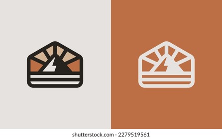 Mountain Hill Top Sun Rays monoline. Universal creative premium symbol. Vector sign icon logo template. Vector illustration