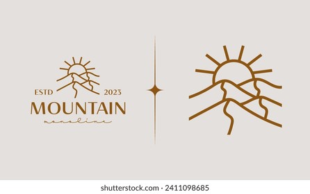 Mountain Hill Top Sun Rays monoline. Universal creative premium symbol. Vector sign icon logo template. Vector illustration