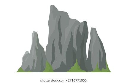 Mountain hill vector illustration showing rocky peaks and green grass with a clear white background