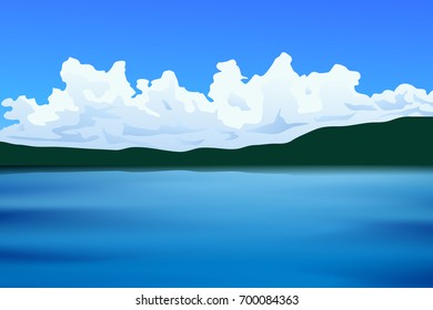 Mountain and hills landscape. Lake Lagoon and blue sky cloudy graphic vector