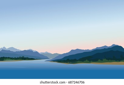 Mountain and hills landscape. Rural skyline. Lake Lagoon resort view background